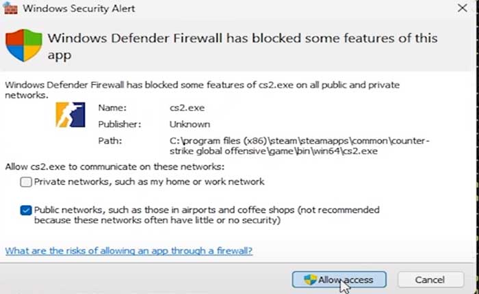 Windows Security Alert For CS2 Private Match